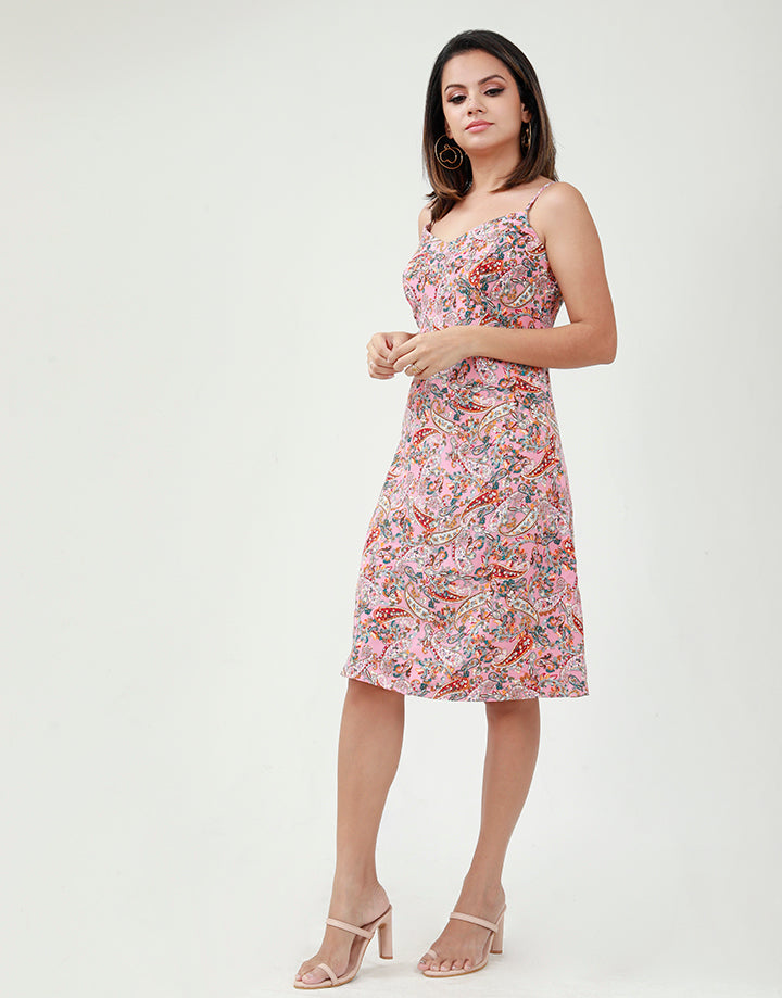Printed Strappy Dress With V-Neck