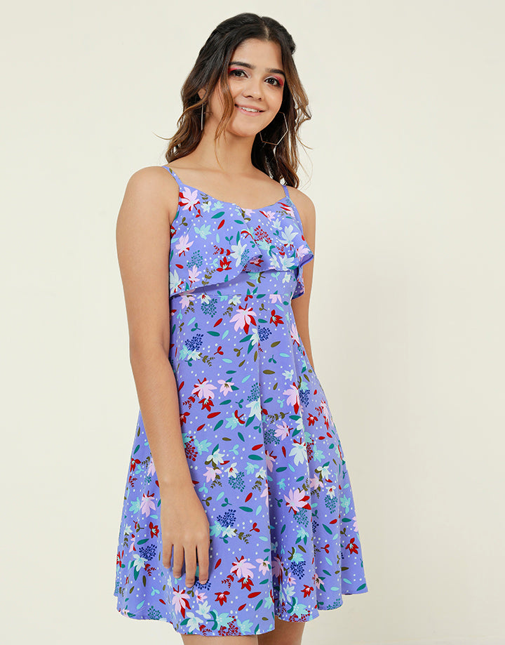 Printed Strappy Dress with Frill