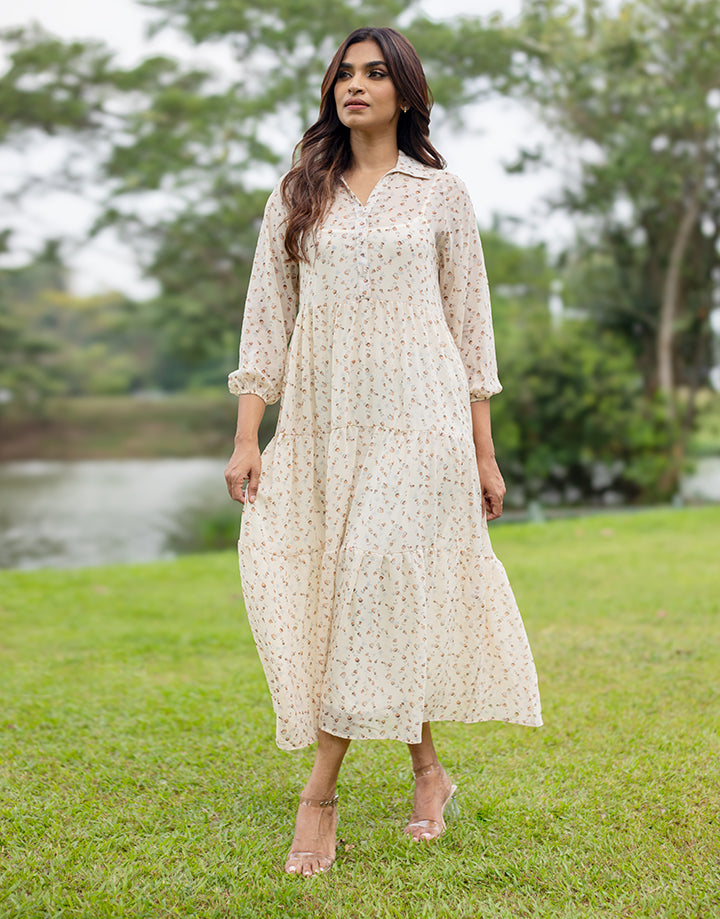 Printed Tiered Maxi Dress with Long Sleeves