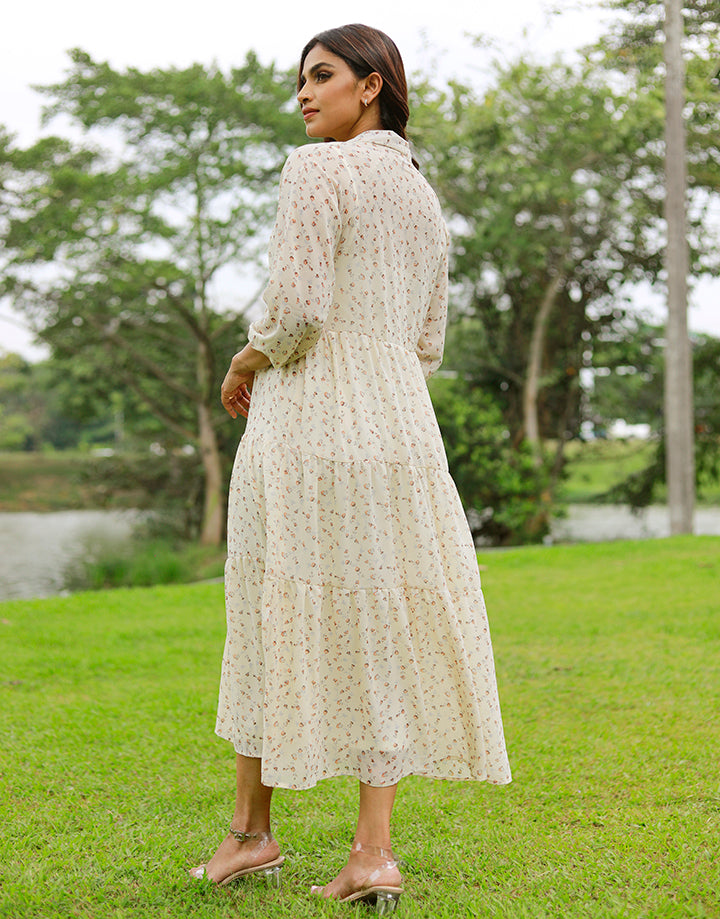 Printed Tiered Maxi Dress with Long Sleeves