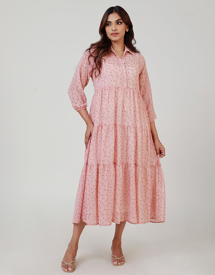 Printed Tiered Maxi Dress with Long Sleeves