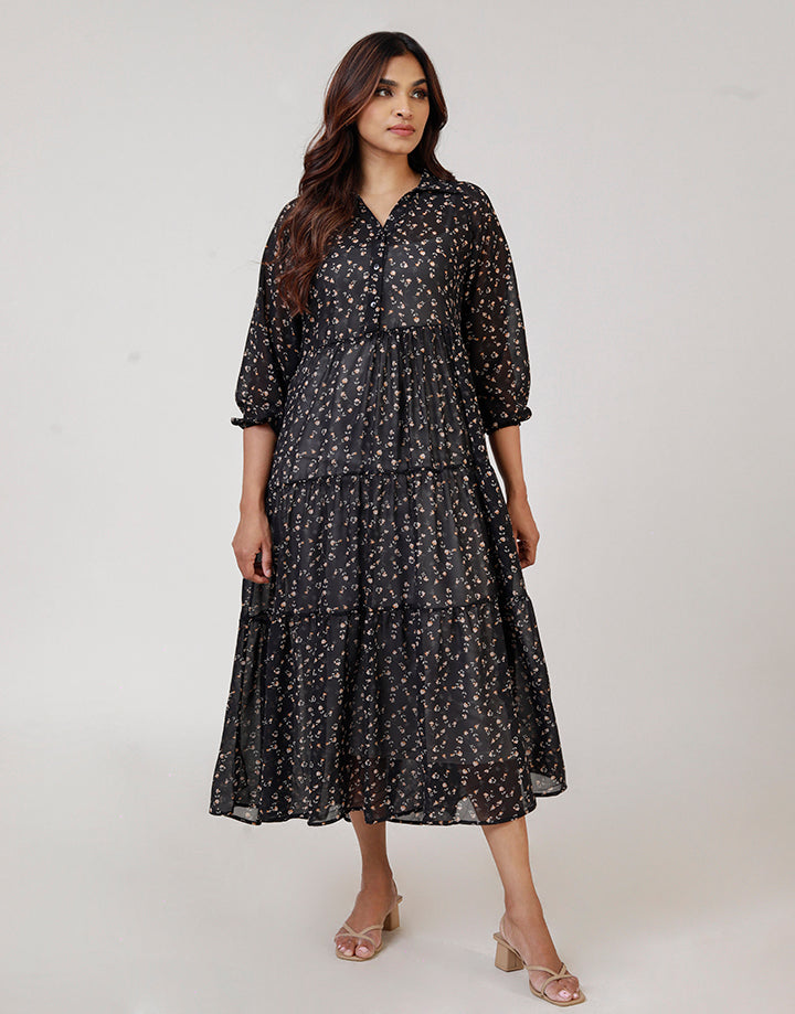 Printed Tiered Maxi Dress with Long Sleeves