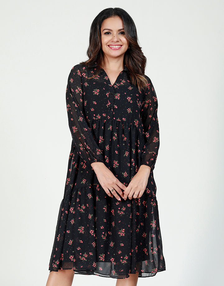 Printed Tiered Midi Dress with Long Sleeves