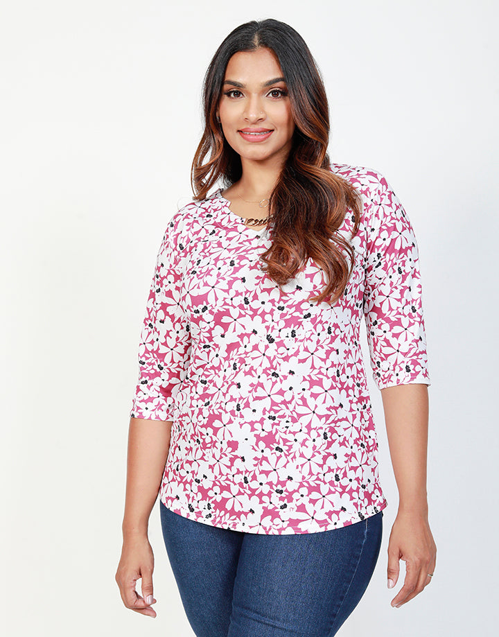 Printed Top with Embellished Neck Line