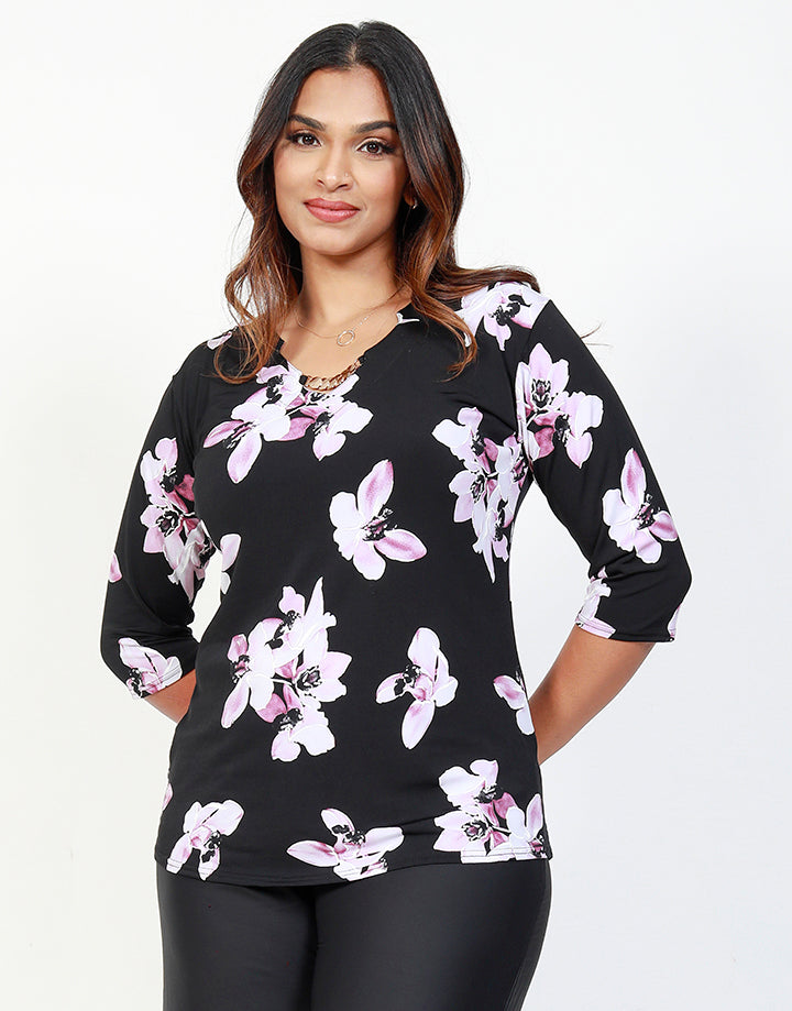 Printed Top with Embellished Neck Line