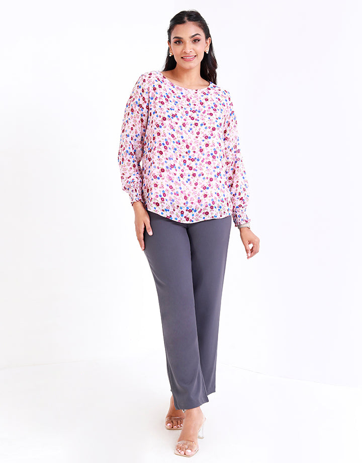 Printed Top with Gathered Sleeves