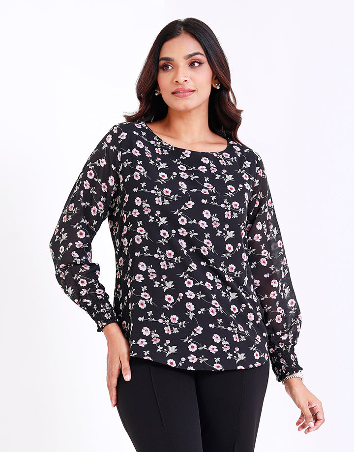 Printed Top with Gathered Sleeves