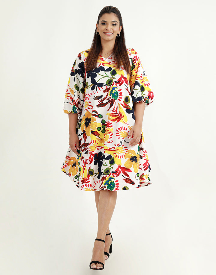 Printed V-Neck Dress with Long Sleeves