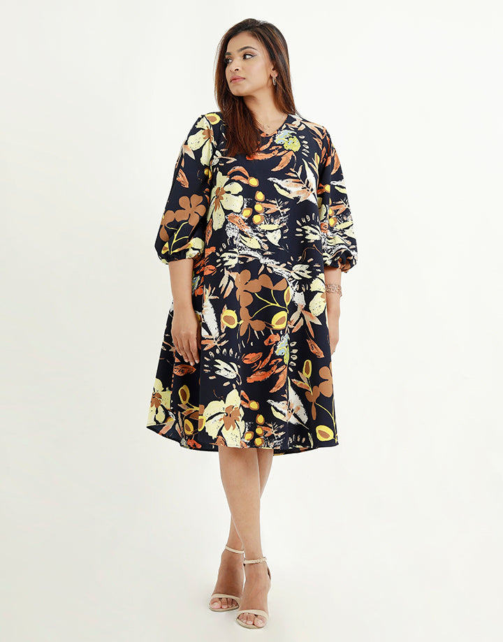Printed V-Neck Dress with Long Sleeves