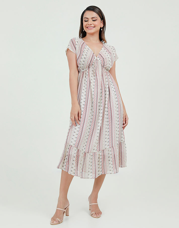 Printed V-Neck Dress with Maggi Sleeves