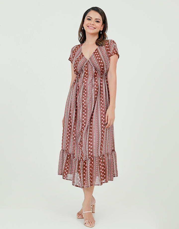 Printed V-Neck Dress with Maggi Sleeves