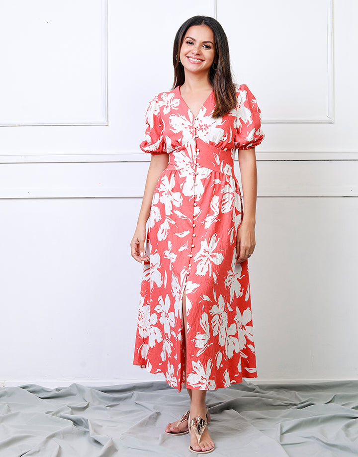 Printed V-Neck Dress with Puff Sleeves