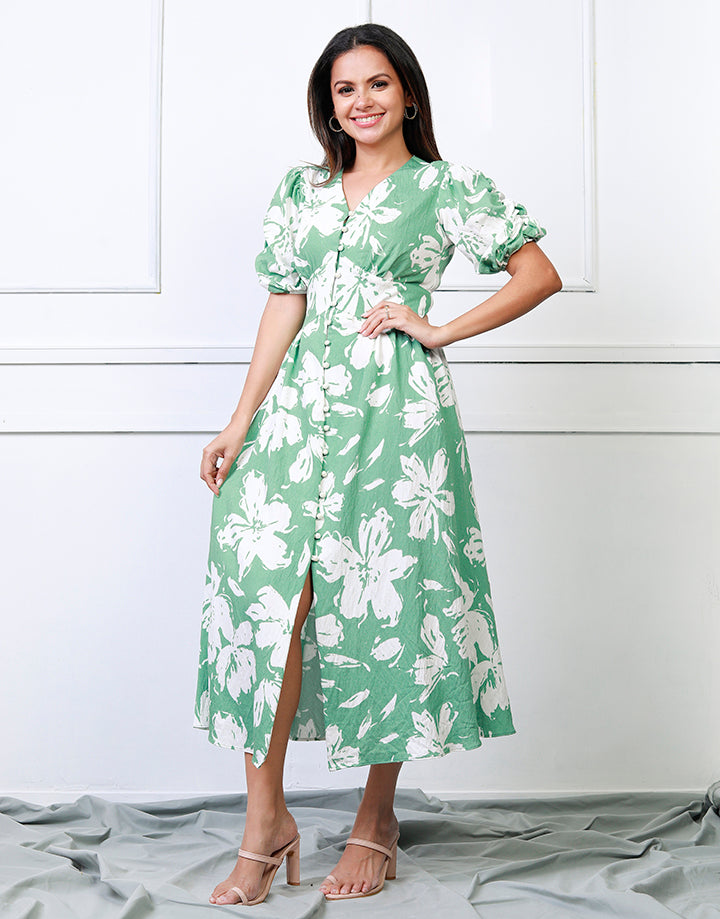 Printed V-Neck Dress with Puff Sleeves