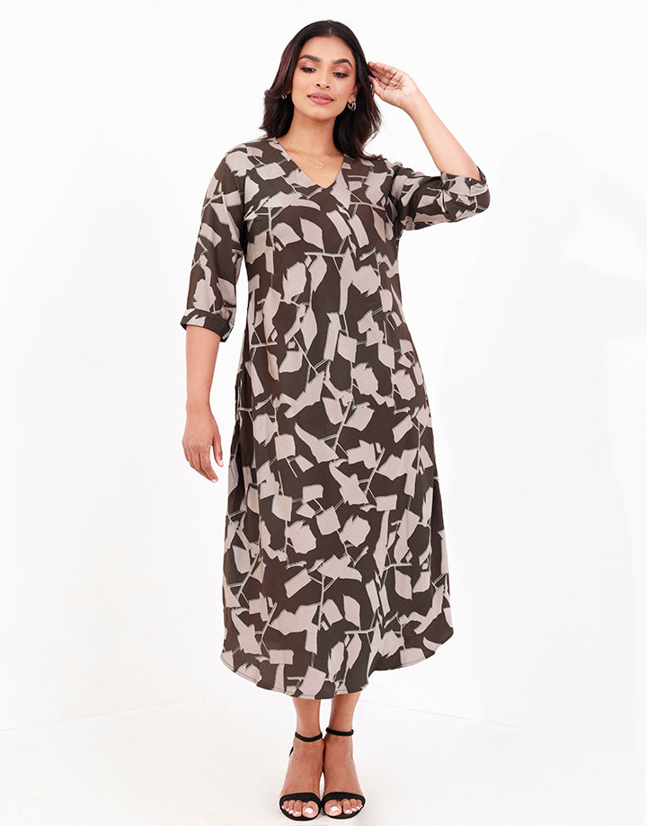 Printed V-Neck Midi Dress with ¾ Sleeves