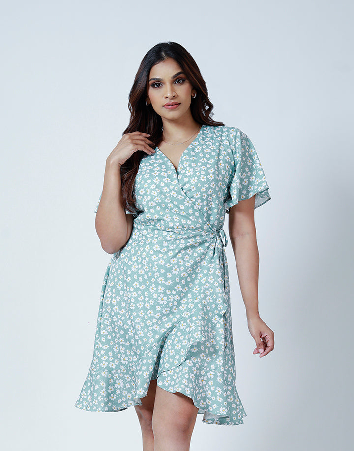 Printed Wrap Style Flared Sleeve Dress