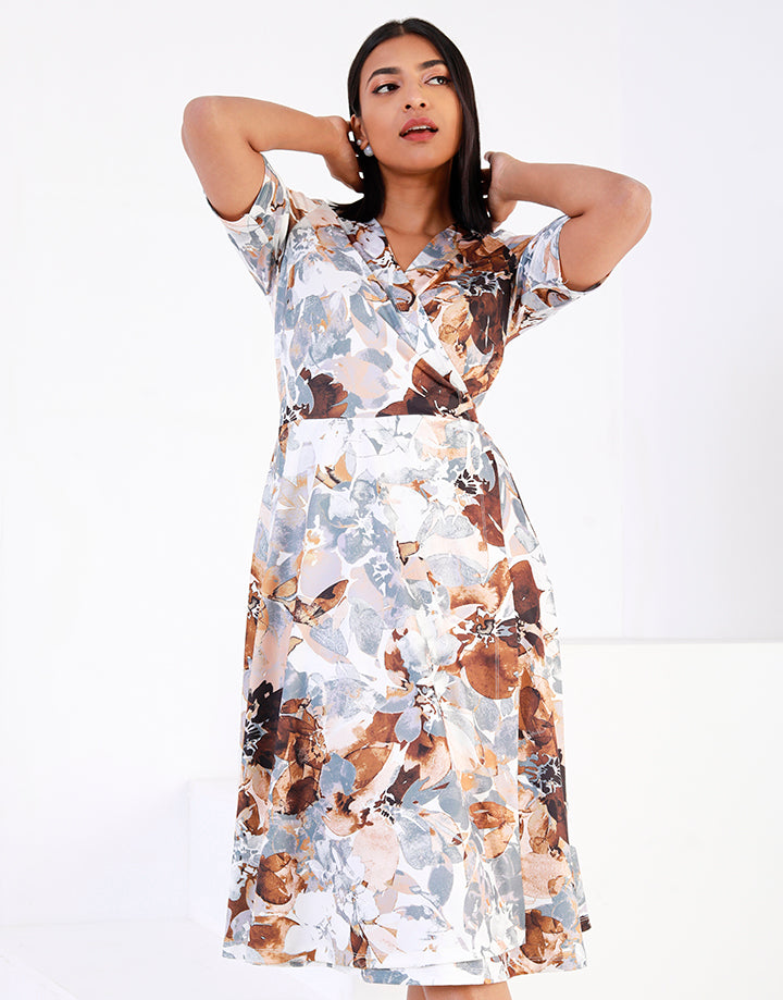 Printed Wraparound Short Sleeves Dress