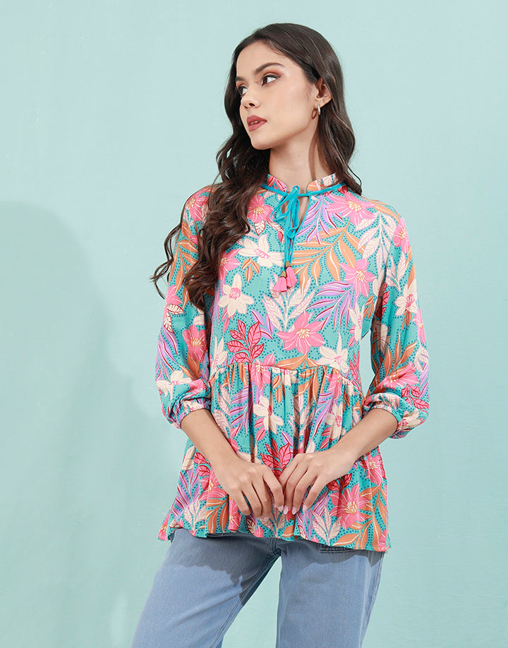 Printed ¾ Sleeves Top with Neck Tie