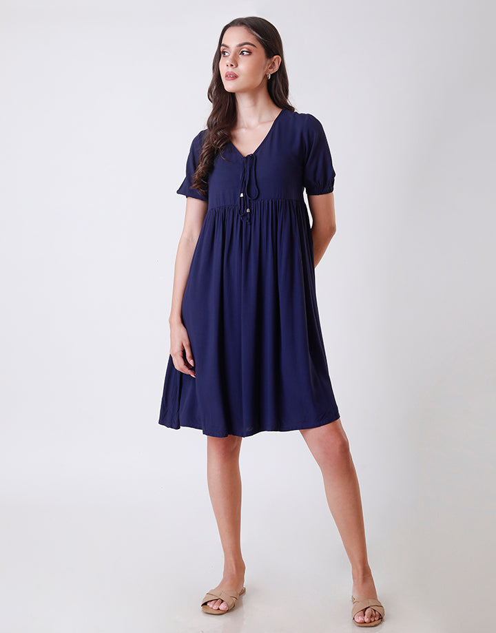 Puff Sleeves Dress with Tie Up Neck