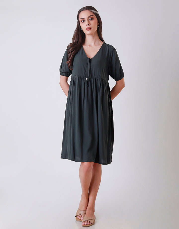 Puff Sleeves Dress with Tie Up Neck