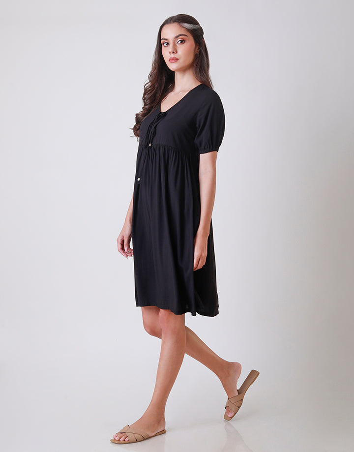 Puff Sleeves Dress with Tie Up Neck