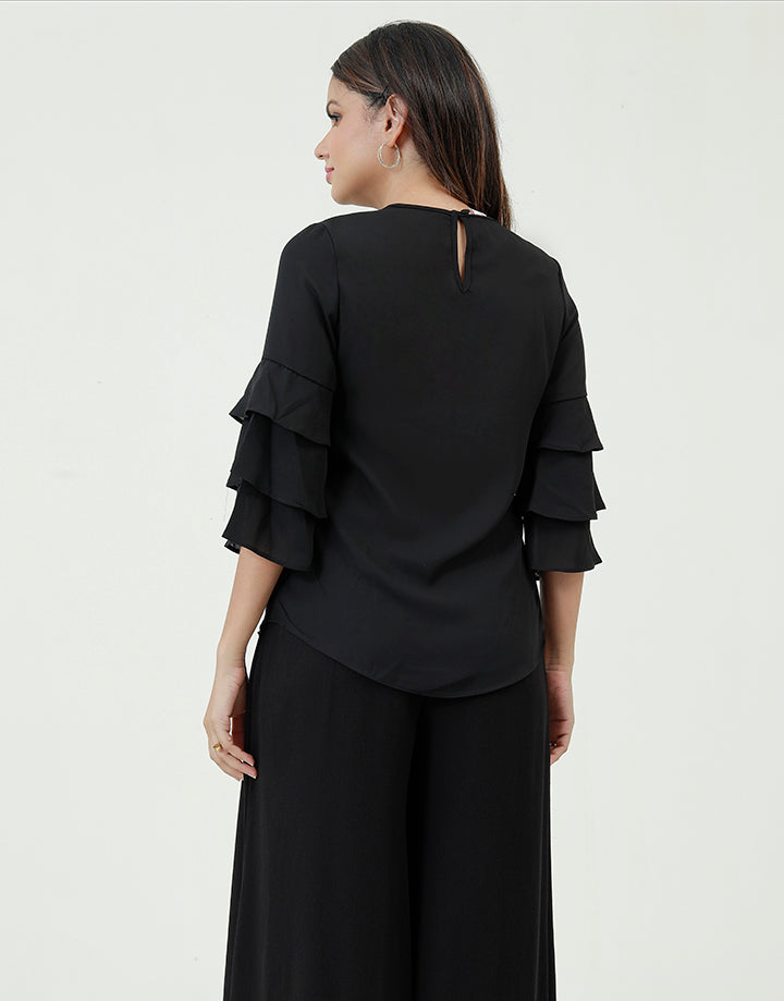 Round Neck Blouse with Layered Sleeves