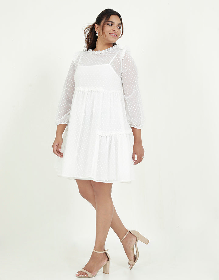 Round Neck Frill Detail Dress with Long Sleeves