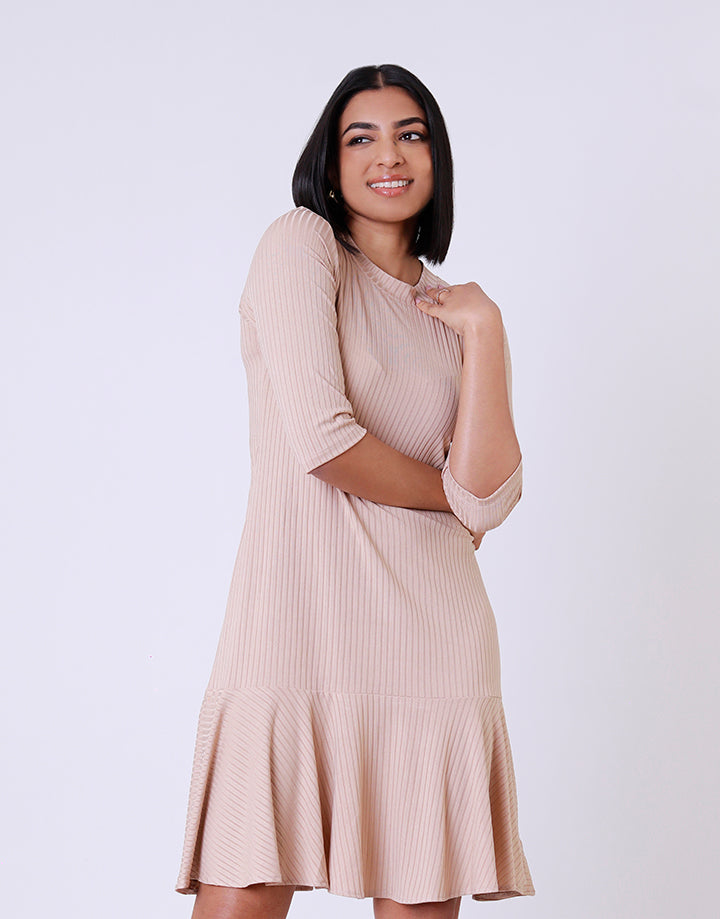 Round Neck Frill Hem Dress with ¾ Sleeves