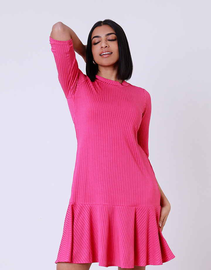 Round Neck Frill Hem Dress with ¾ Sleeves