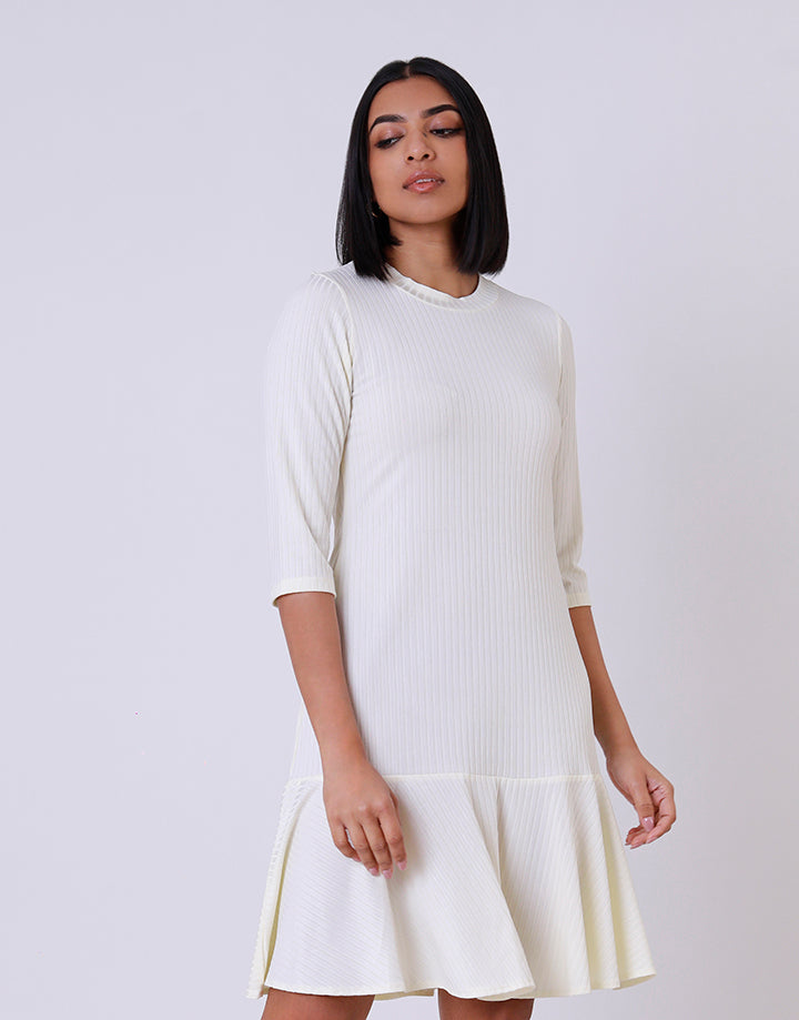 Round Neck Frill Hem Dress with ¾ Sleeves