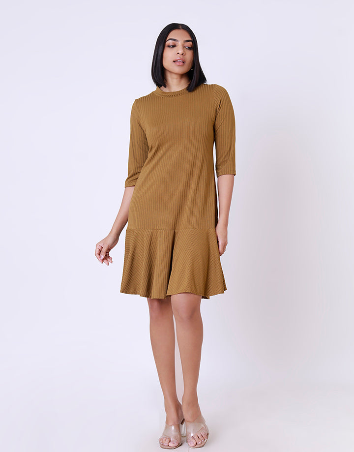 Round Neck Frill Hem Dress with ¾ Sleeves