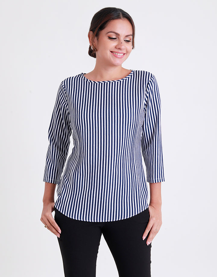 Round Neck Striped Top With ¾ Sleeves