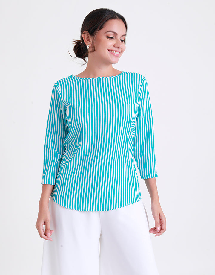 Round Neck Striped Top With ¾ Sleeves