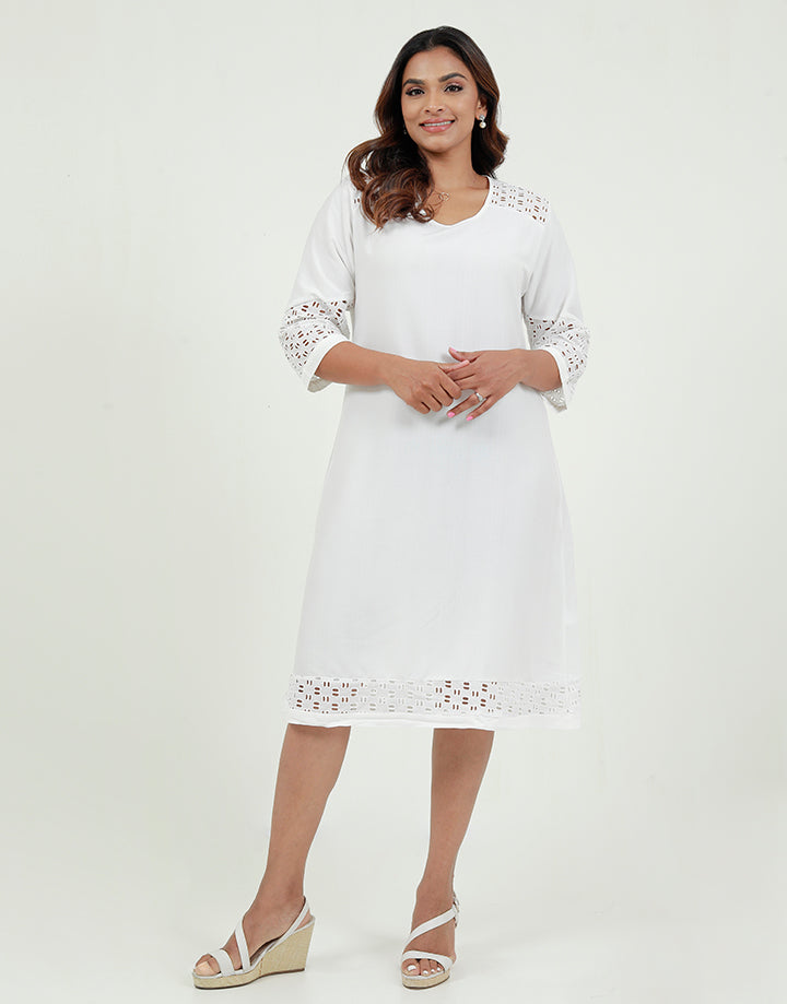 Round Neck White Dress with Cut Lawn Inserts