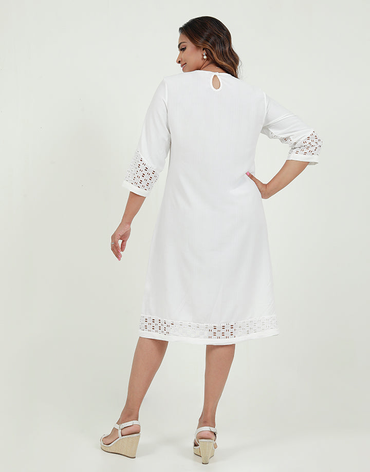 Round Neck White Dress with Cut Lawn Inserts