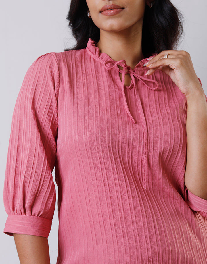 Ruffle Collar ¾ Sleeves Tie Neck Top