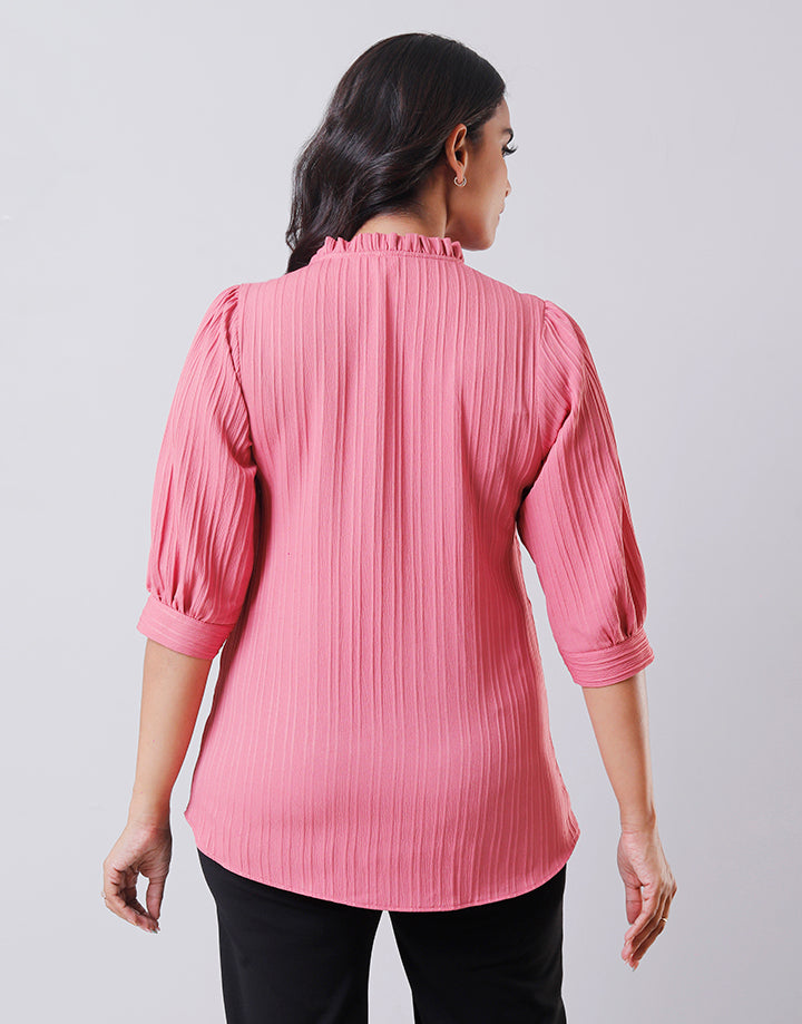 Ruffle Collar ¾ Sleeves Tie Neck Top