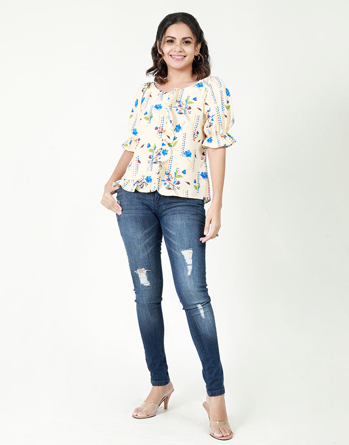 Ruffle Detailed Top with Puff Sleeves