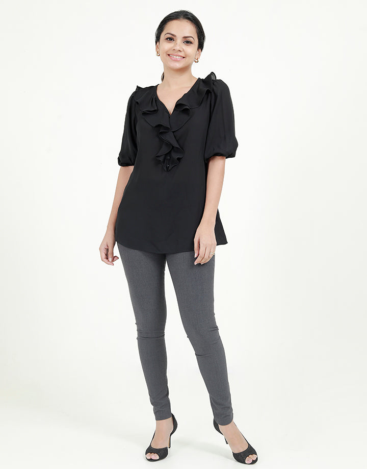 Ruffle Neck Line Blouse with ¾ Sleeves