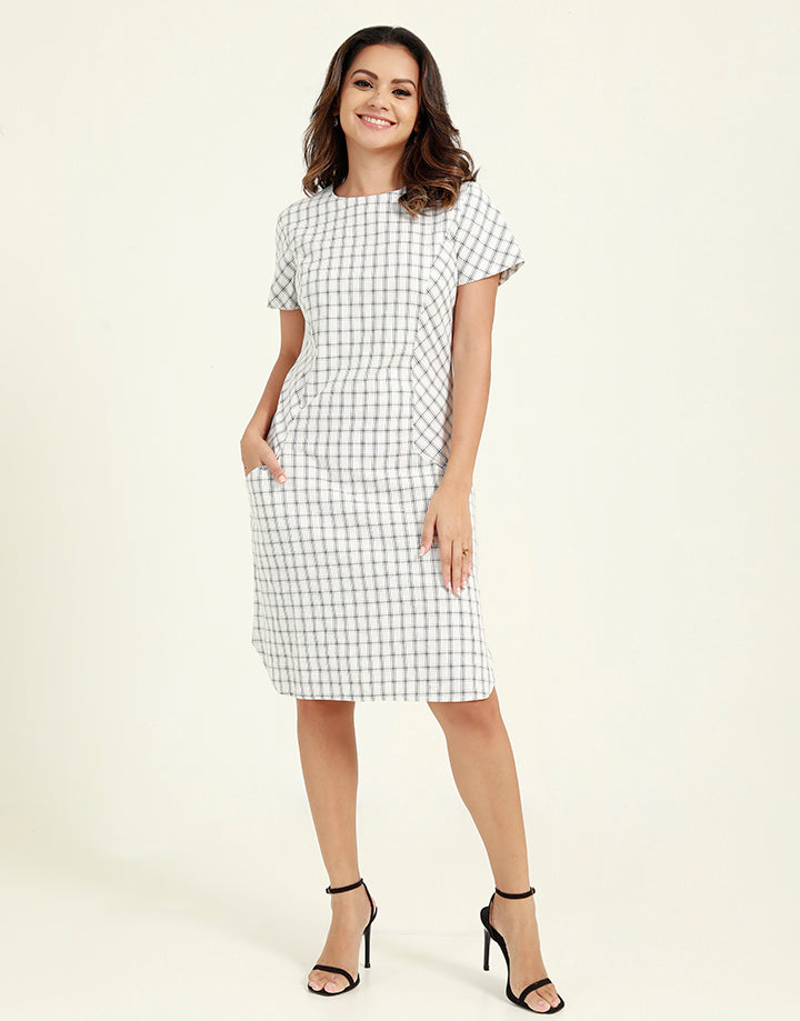 Shift Checked Dress with Front Pockets