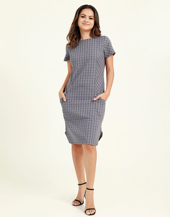 Shift Checked Dress with Front Pockets