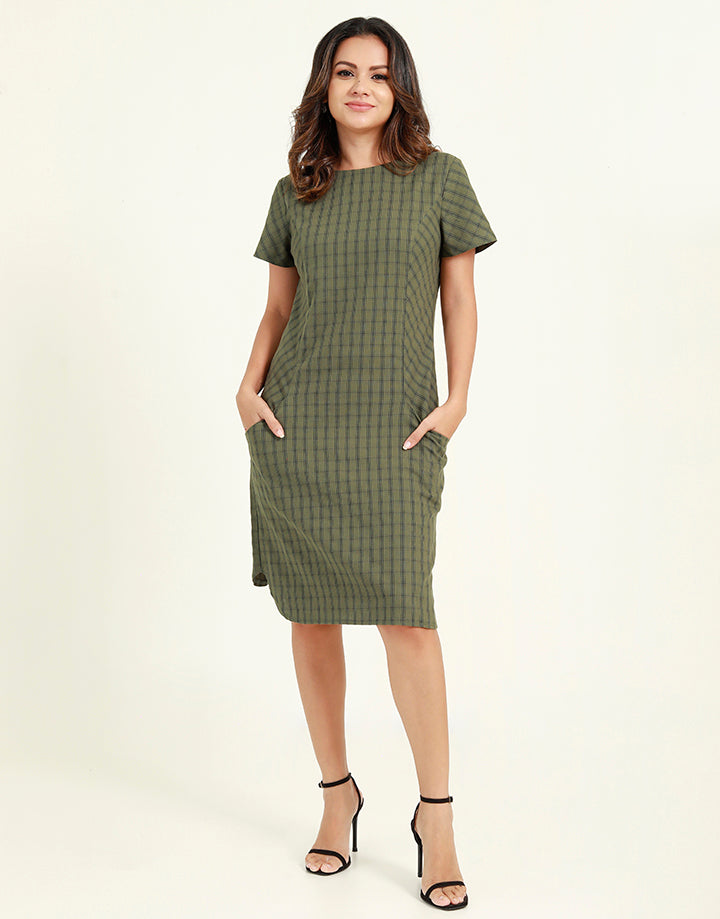 Shift Checked Dress with Front Pockets