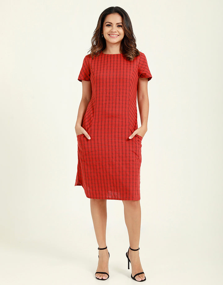 Shift Checked Dress with Front Pockets