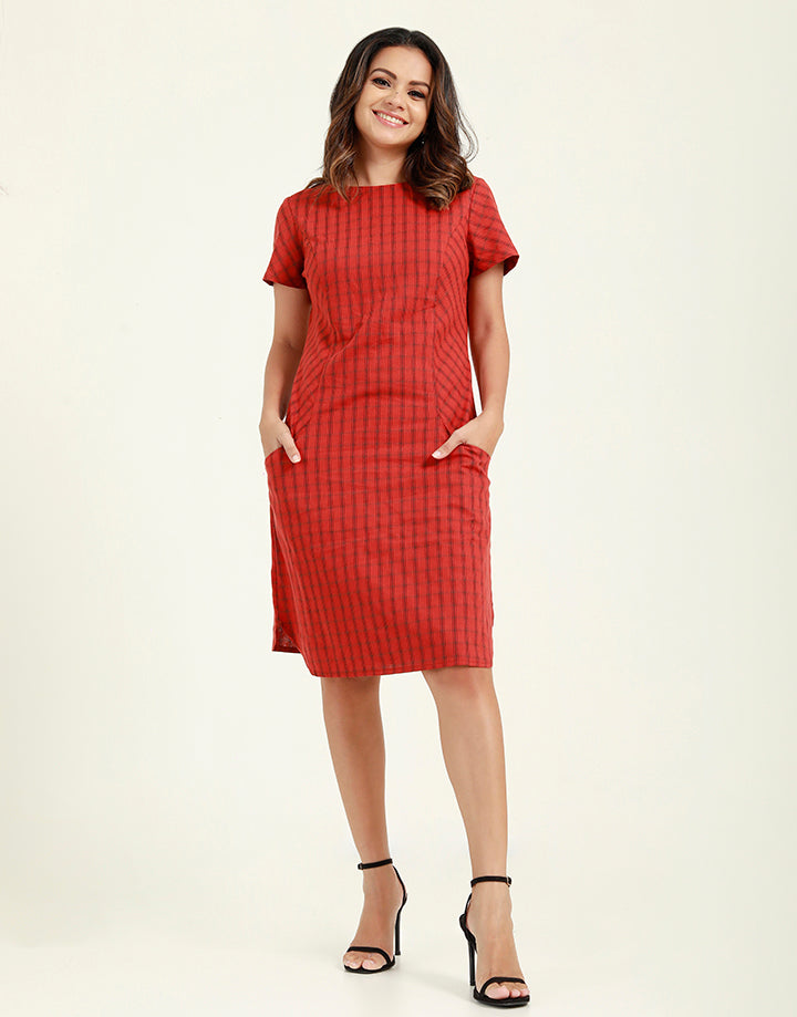 Shift Checked Dress with Front Pockets
