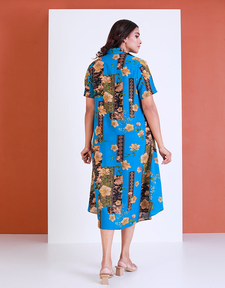 Shirt Collar Printed Midi Dress