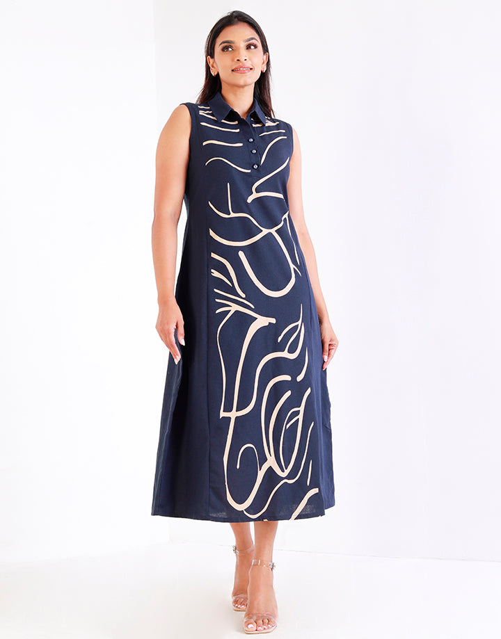 Shirt Collar Screen Print Sleeveless Dress