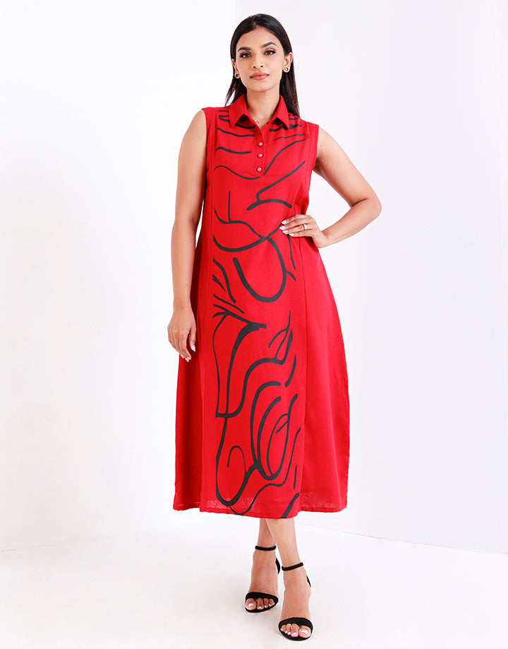 Shirt Collar Screen Print Sleeveless Dress