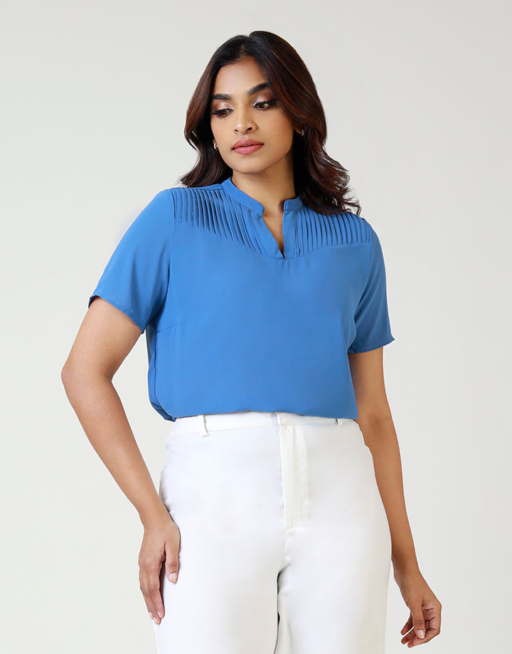 Short-Sleeve Blouse with Pintuck Details