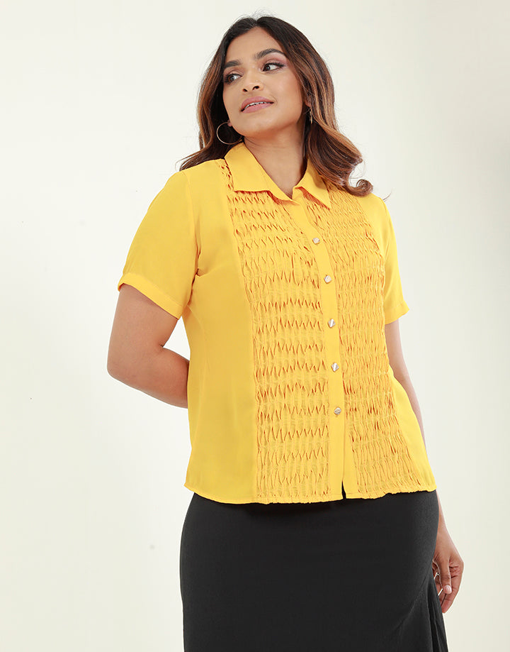 Short Sleeves Collared Blouse with Pintuck Details