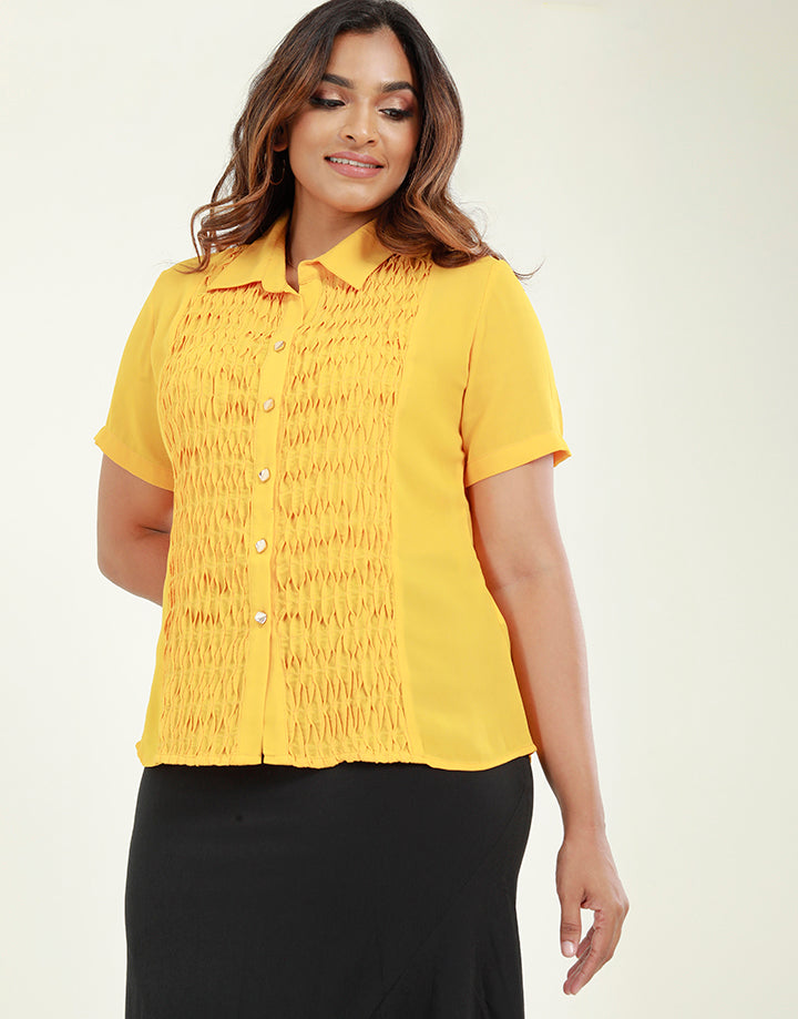 Short Sleeves Collared Blouse with Pintuck Details
