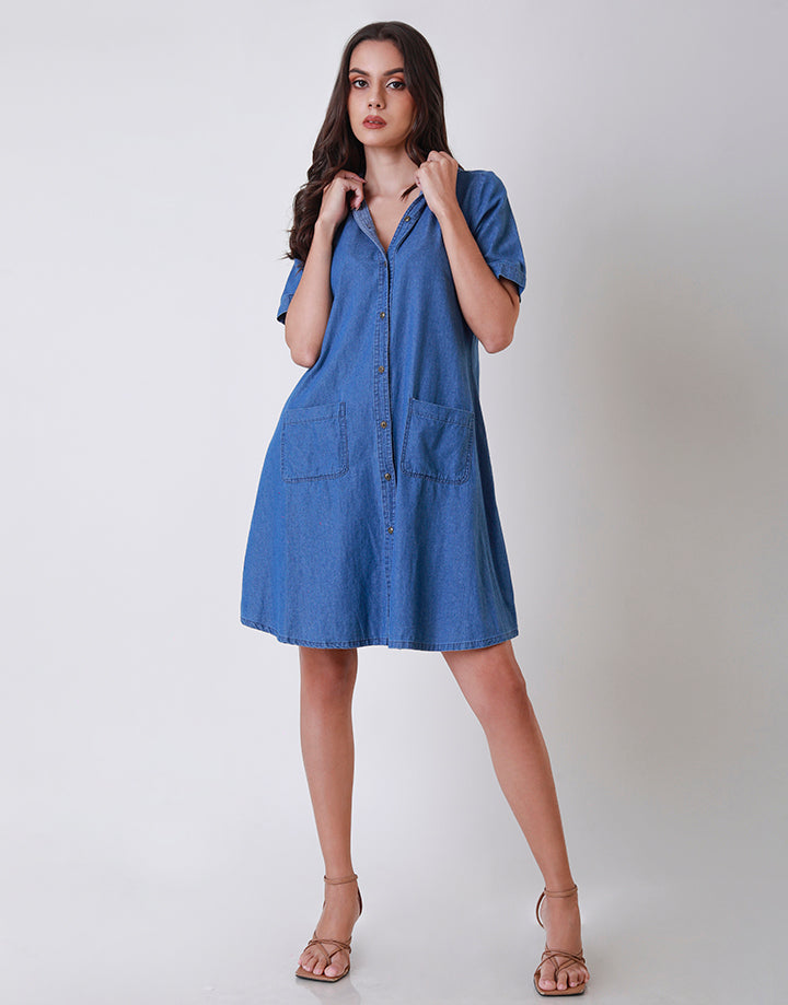 Short Sleeves Denim Buttons Dress